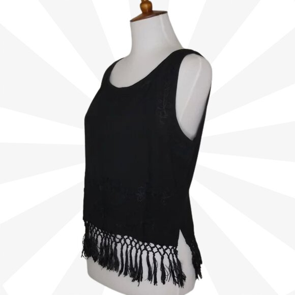 Fabulous Black Embroidered Fringe Scoop Neck Cropped Pullover Tank Top Size M - Picture 6 of 7